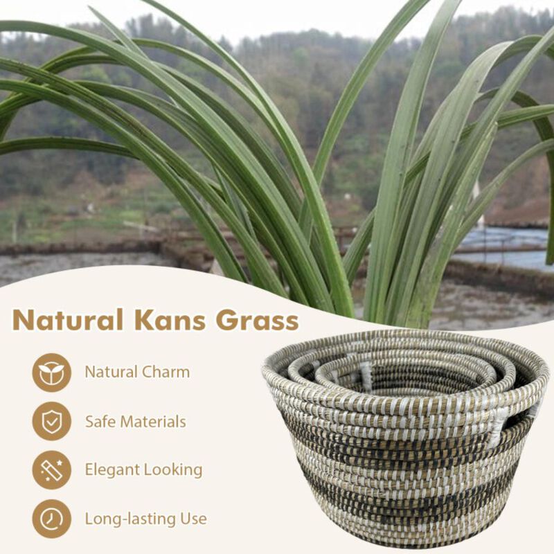 Hivvago Natural Canes Grass Baskets Stackable Storage Bins Set of 3 with Hollowed Handles