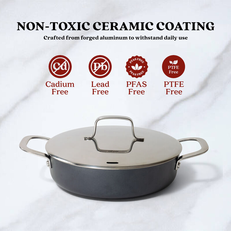 Alva Maestro Ceramic Nonstick Saute Pan Skillet with Lid 9.5" 3.5 Qt. Stay Cool Handle, Scratch Resistant Healthy Cooking Pan, Non Toxic, Compatible with All Stovetops, Oven Safe & Induction Safe