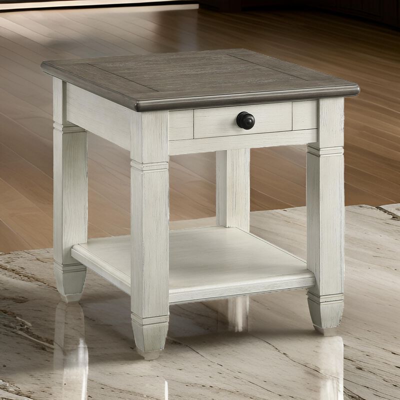 Rome 26 Inch Side End Table, Square, 1 Drawer, Brown, White, Solid Wood - Benzara