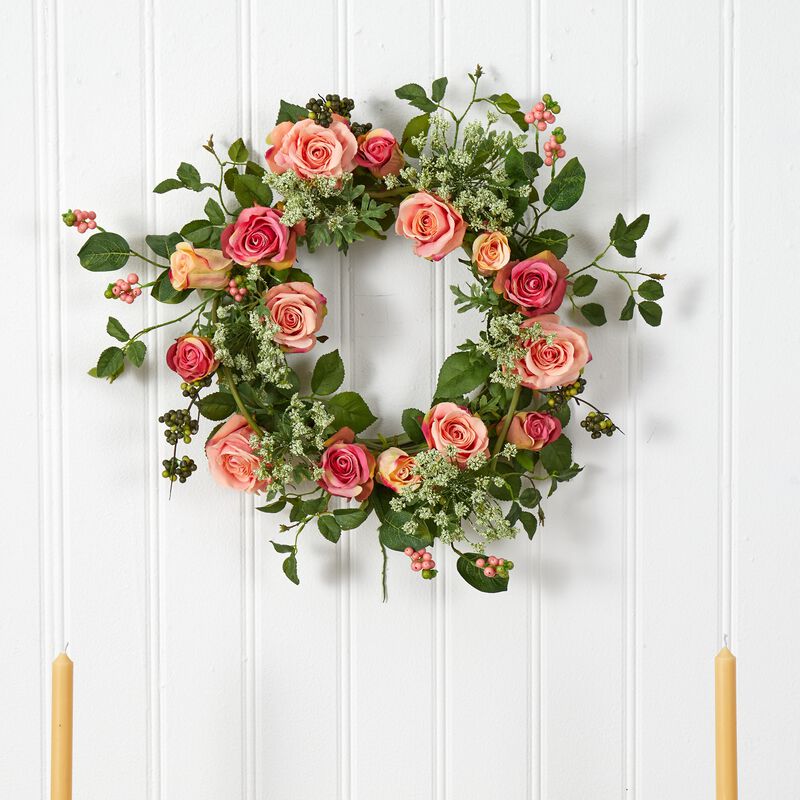 Nearly Natural 20-in Rose Wreath