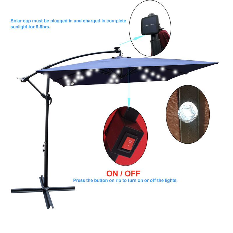 Solar Powered LED Patio Umbrella with Crank & Base