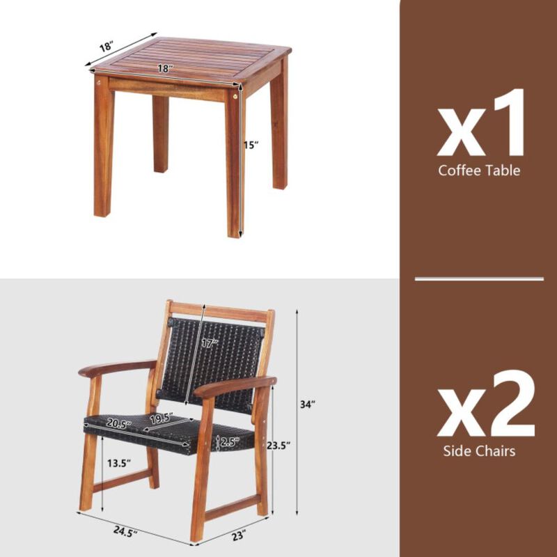 Hivvago 3 Pieces Rattan Bistro Set with Acacia Wood Frame for Garden