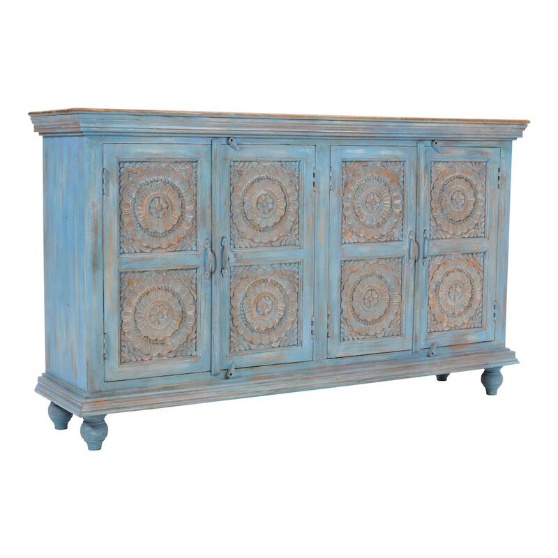 Jofran 71" Solid Wood Boho Distressed Sideboard Cabinet with Artisan Carved Doors
