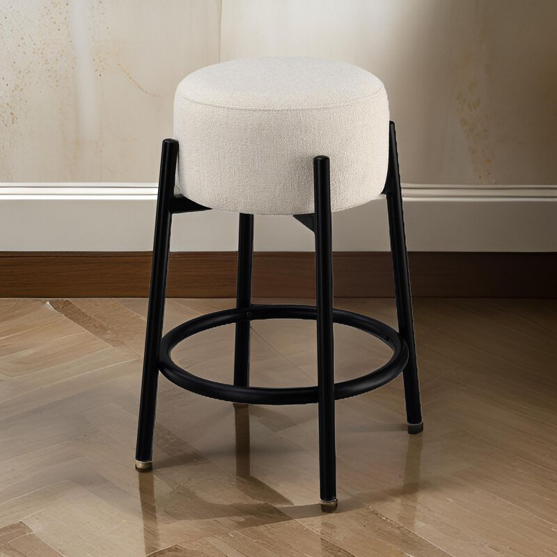 25 Inch Set of 2 Round Counter Height Stools, Black, White Fabric Pouf Seat-Benzara