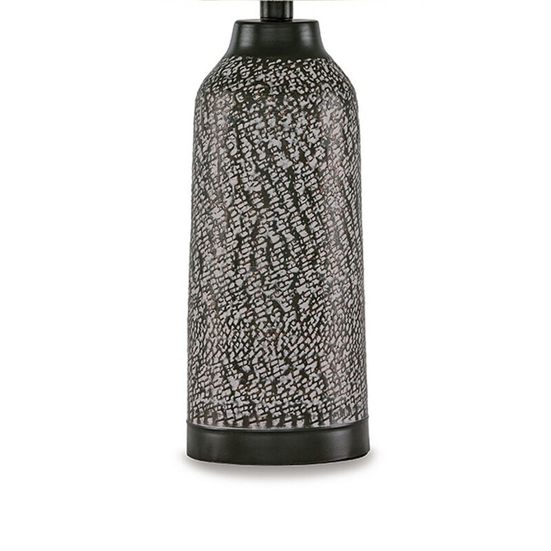 Table Lamp Set of 2, Beige Drum Shade, Black Hammered Motif Metal Base - Benzara