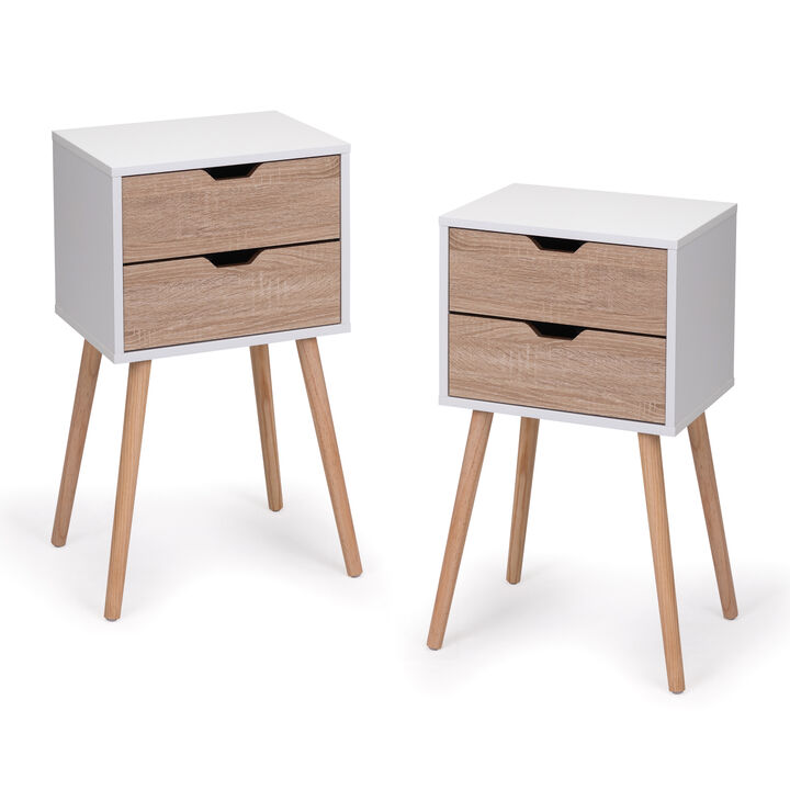Streamdale 2-Drawer Nightstand with Solid Wood Legs, White/Walnut