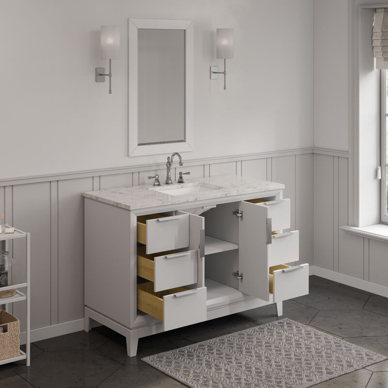 Elizabeth 48 In. Single Sink Carrara White Marble Countertop Bath Vanity In Pure White with Brushed Silver Hardware
