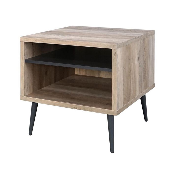 Carly 22 Inch Side End Table, Tapered Legs, 1 Shelf, Light Brown and Gray - Benzara