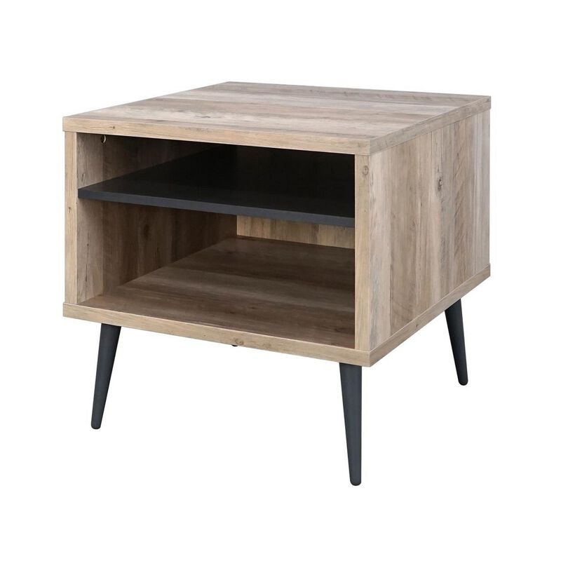 Carly 22 Inch Side End Table, Tapered Legs, 1 Shelf, Light Brown and Gray - Benzara