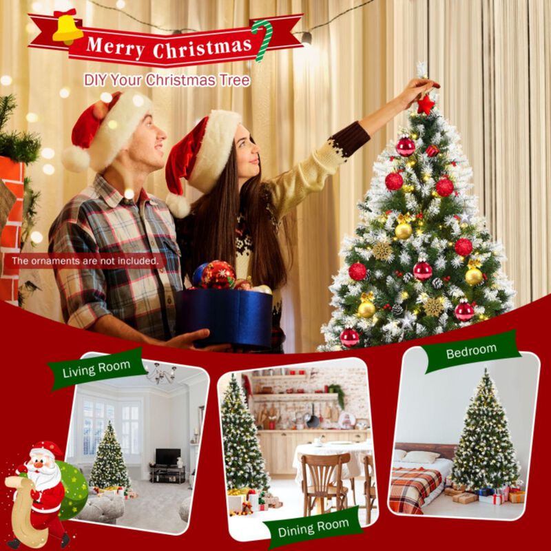 Hivvago Pre-lit Snow Flocked Christmas Tree with Red Berries and LED Lights-6 ft