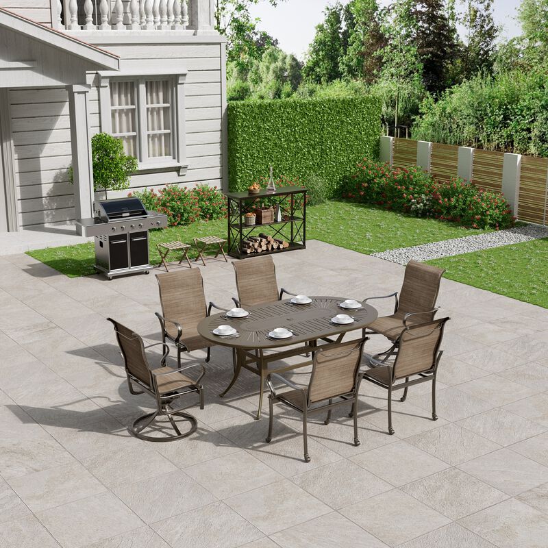 Mondawe 7 Pieces Cast Aluminum Outdoor Patio Dining Set with 2 Swivel Chair & 4 Armchairs & 1 Oval Table