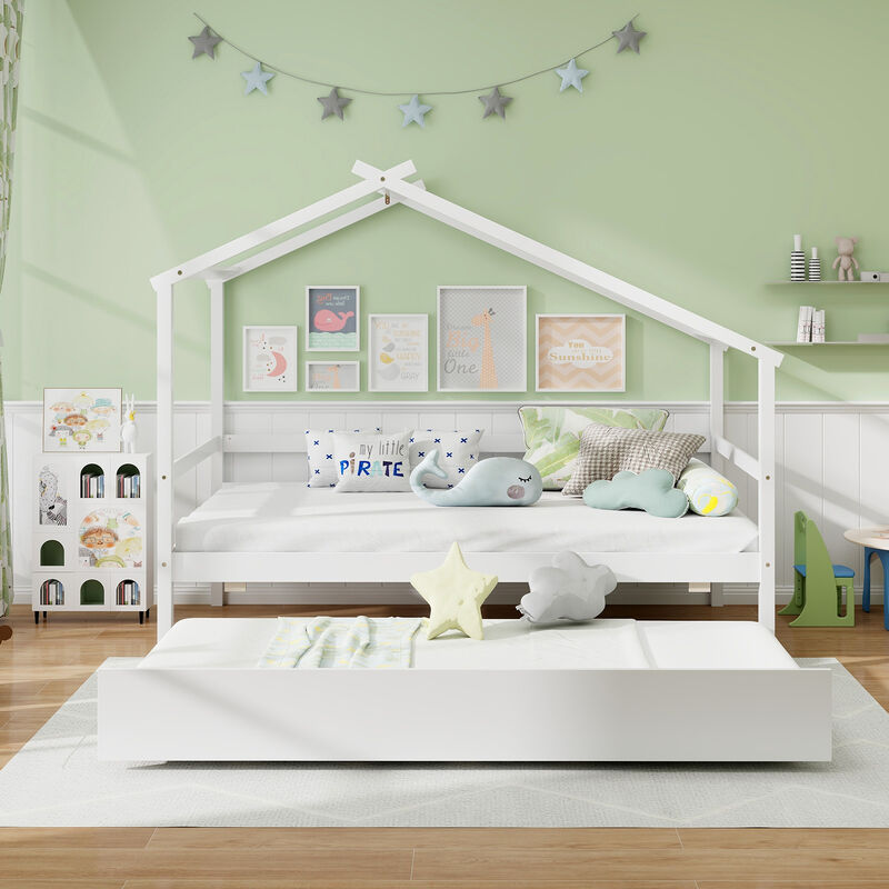 Kids Twin Size House Bed with Trundle and Roof Fun and Functional Sleep Space