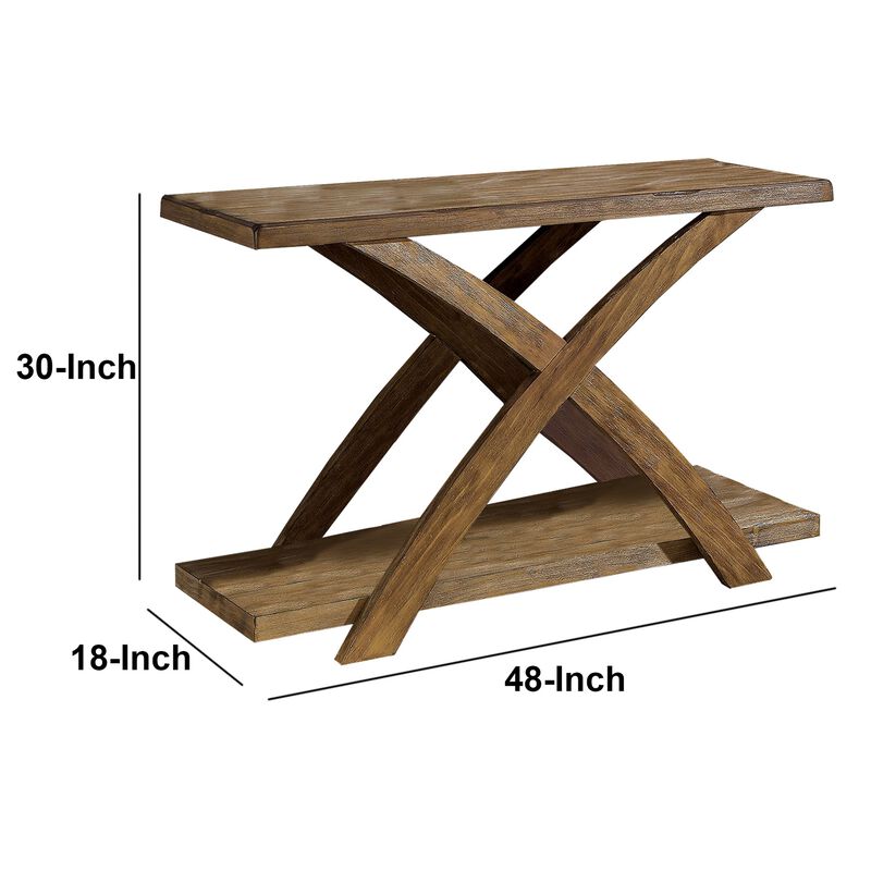 Wooden Sofa Table with Open Bottom Shelf and X Shaped Base, Antique Light Oak Brown-Benzara
