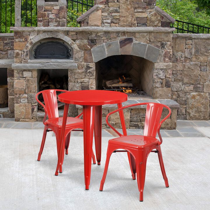 Flash Furniture Napoleon Commercial Grade 24" Round Red Metal Indoor-Outdoor Table Set with 2 Arm Chairs
