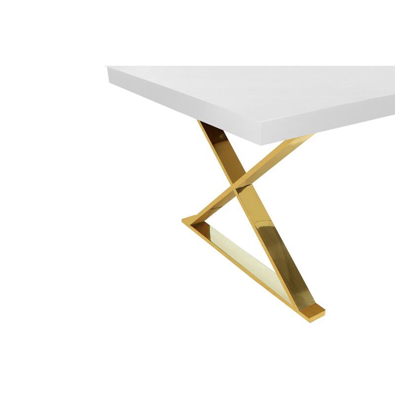 Rix 87 Inch Dining Table, Rectangular White Top, Gold Finished Metal Base - Benzara