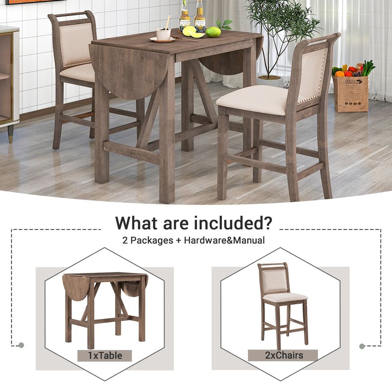 MONDAWE 3-Piece Wood Counter Height Drop Leaf  Dining Table Set with 2 Upholstered Dining Chairs for Small Place,Dinging Room