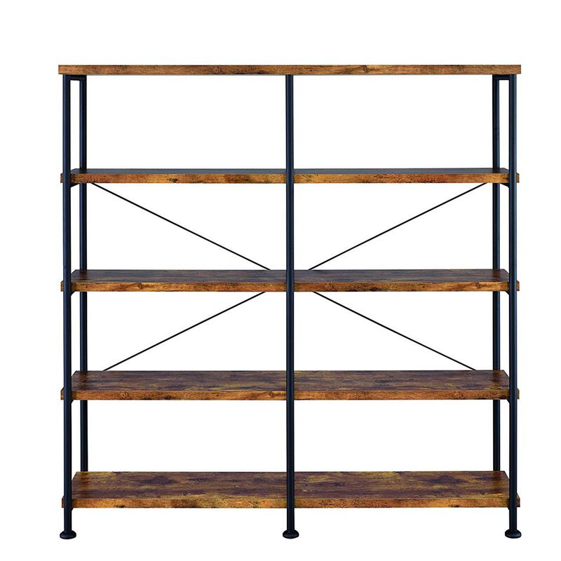 63 Inch Industrial 4 Tier Shelf Bookshelf, Particleboard, Metal Frame, Brown, Black-Benzara