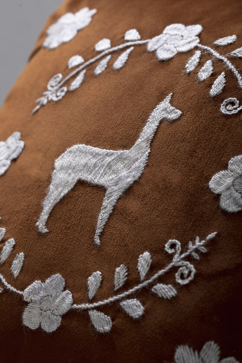 LLAMA Hand Embroidered Decorative Pillows in Terracota Velvet by ANDEAN, Set of 2, In Stock