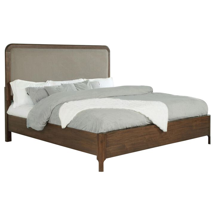 Rie Queen Bed, Taupe Gray Upholstered Headboard, Walnut Brown Wood - Benzara