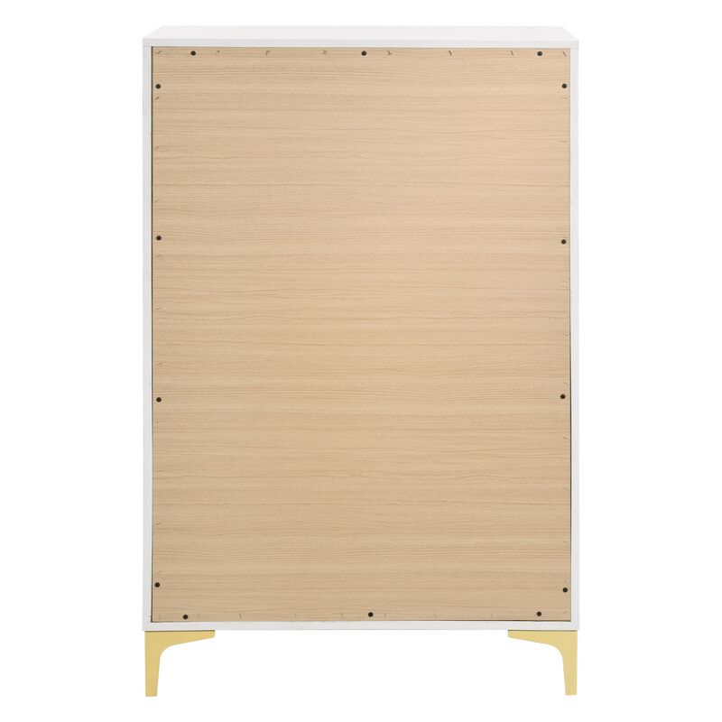 Lif 50 Inch Modern 5 Drawer Tall Dresser Chest, Gold Accents, Smooth White-Benzara