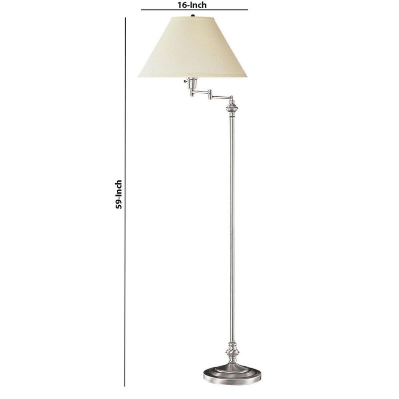 150 Watt Metal Floor Lamp with Swing Arm and Fabric Conical Shade, Silver-Benzara