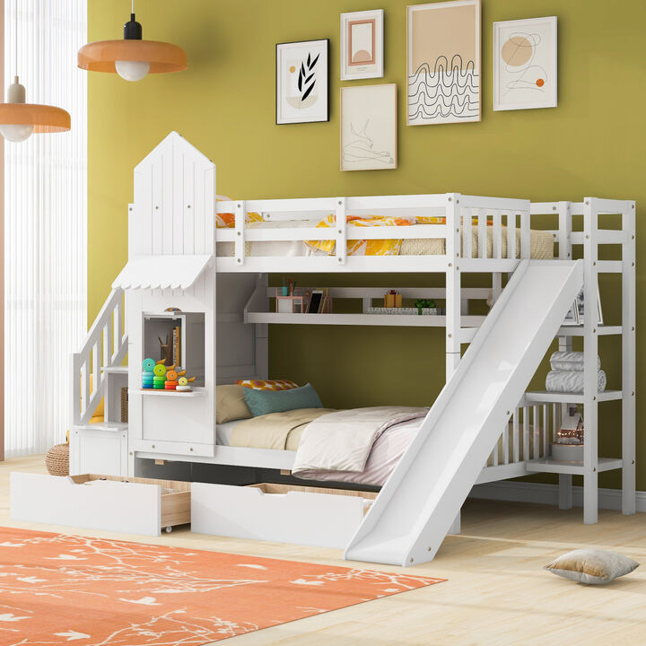 Twin Over Twin Castle Style Bunk Bed With 2 Drawers 3 Shelves And Slide White