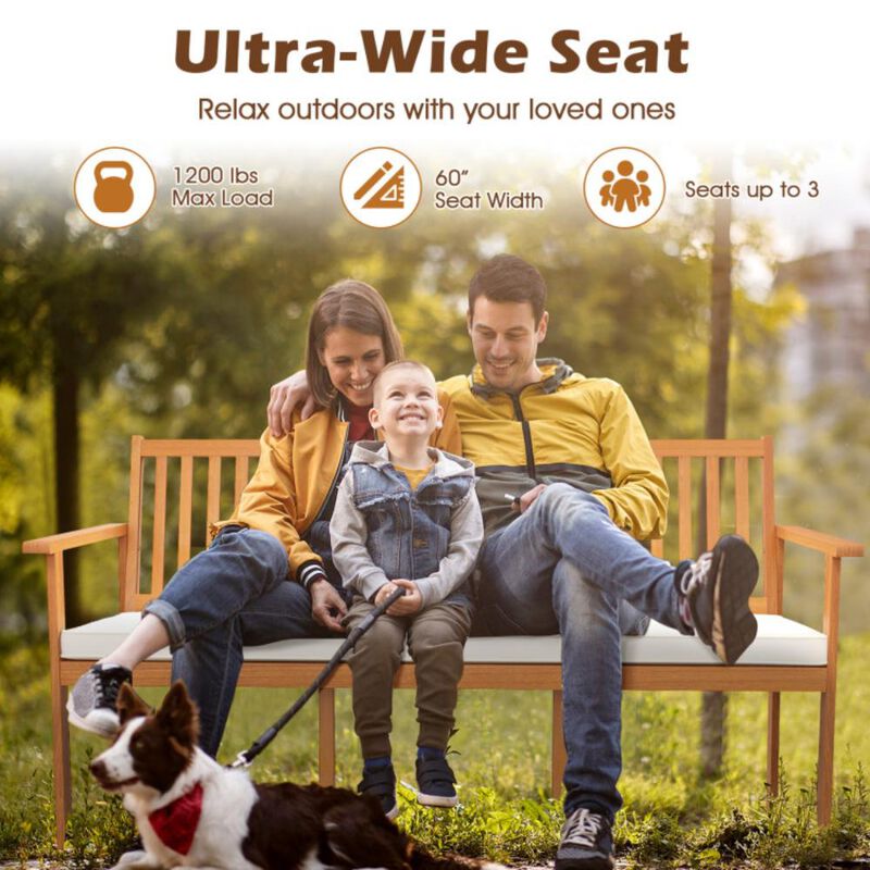 Hivvago Outdoor 3-Seat Wood Bench with Seat Cushion and Slatted Seat-Natural