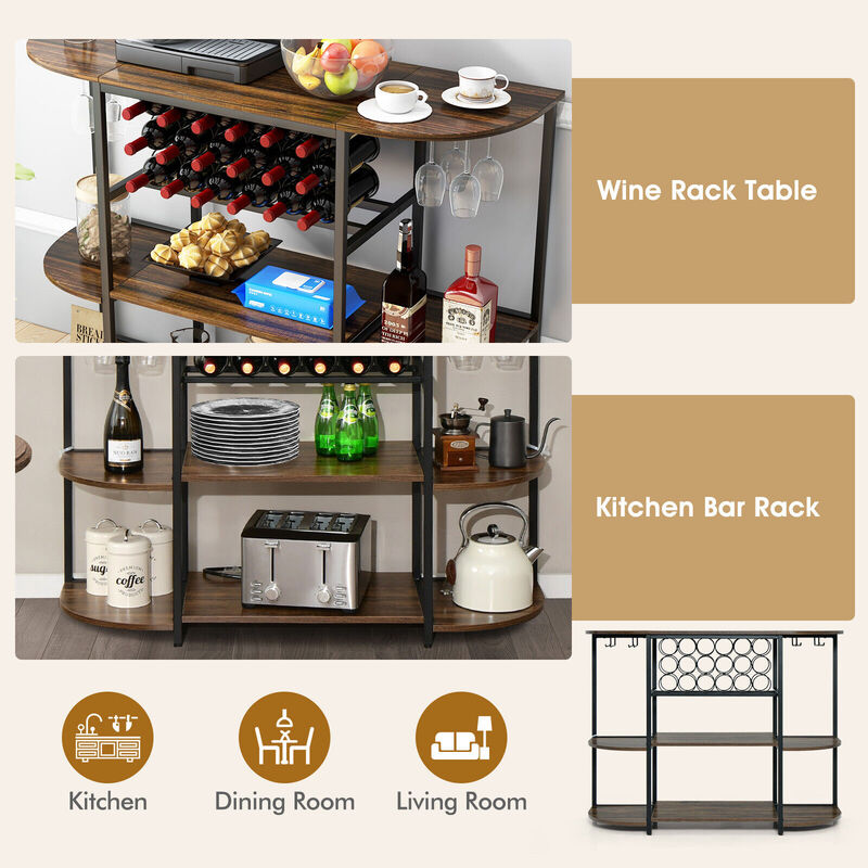 47 Inches Wine Rack Table with Glass Holder and Storage Shelves - Rustic Brown