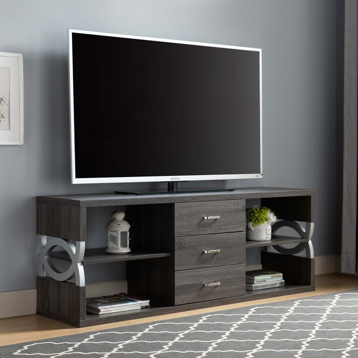 Distressed Grey & Silver TV Stand wuth 3 Drawers and 4 Shelves