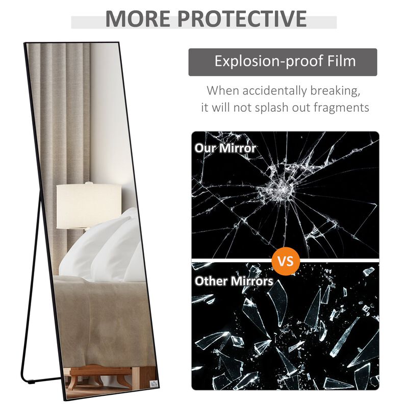 Black Dressing Mirror: Full-Length Aluminum Frame, Floor/Wall Mount