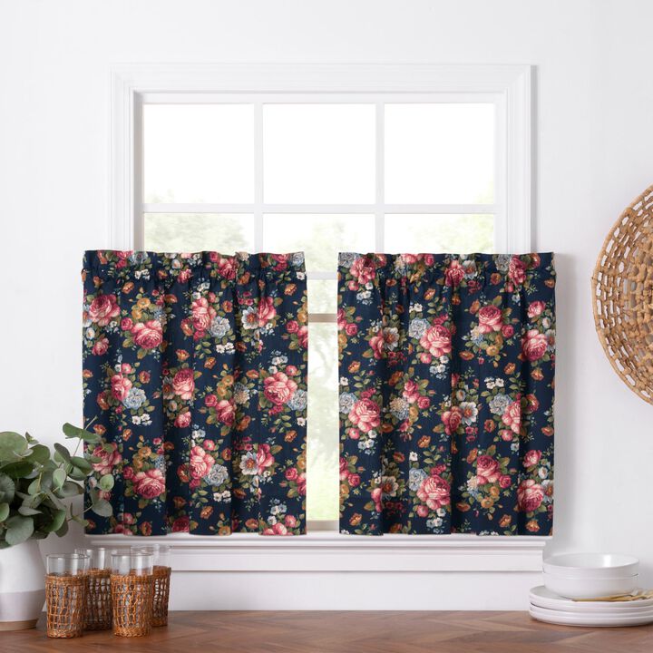 Ellis Bella Rose Stylish Medium Scale Printed Floral Pattern 1.5" Rod Pocket Tier for Windows 56"x24" Navy
