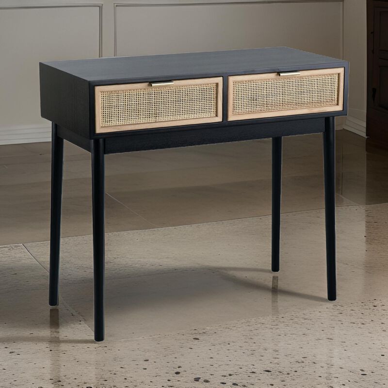Ela 35 Inch 2 Drawer Wood Console Table, Woven Rattan Panels, Brown, Black - Benzara