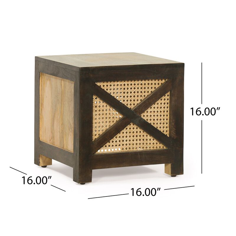 Accent Ottoman Table, 16 Inch Square, Boho Style, Cane Wicker - Benzara
