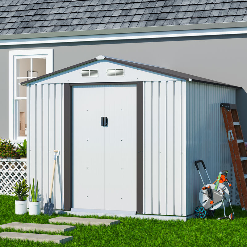8’ x 8’ Outdoor Gable Steel Storage Shed Large Tool Organizer for Backyard Garden Furniture