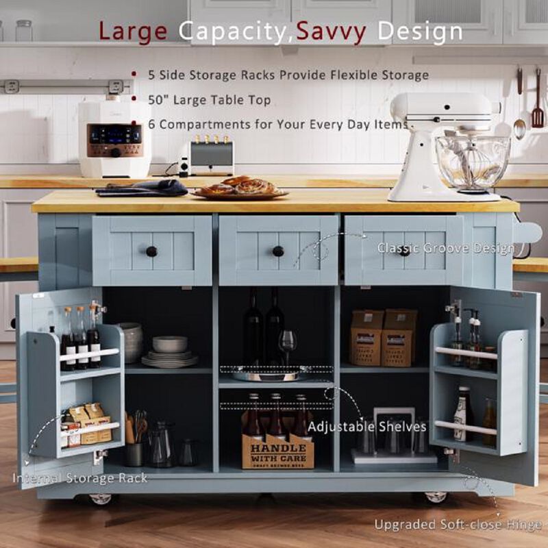 Large Rolling Kitchen Island with Drop Leaf, Power Outlet & Storage Racks