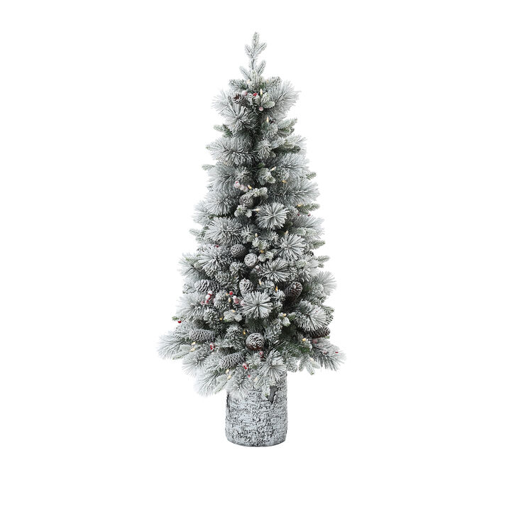 LuxenHome 4Ft Pre-Lit Green Flocked Potted Artificial Christmas Tree