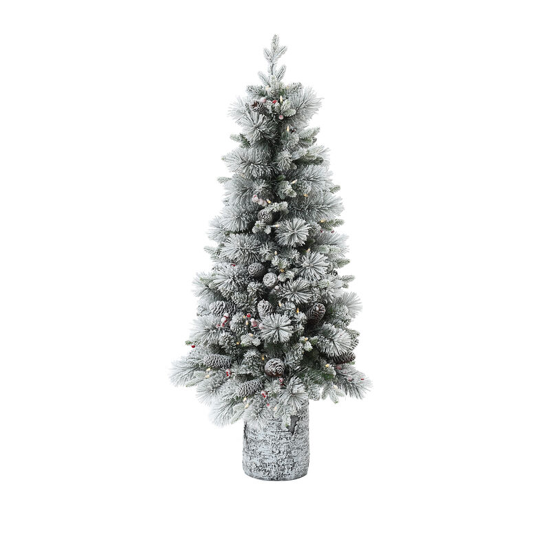 LuxenHome 4Ft Pre-Lit Green Flocked Potted Artificial Christmas Tree