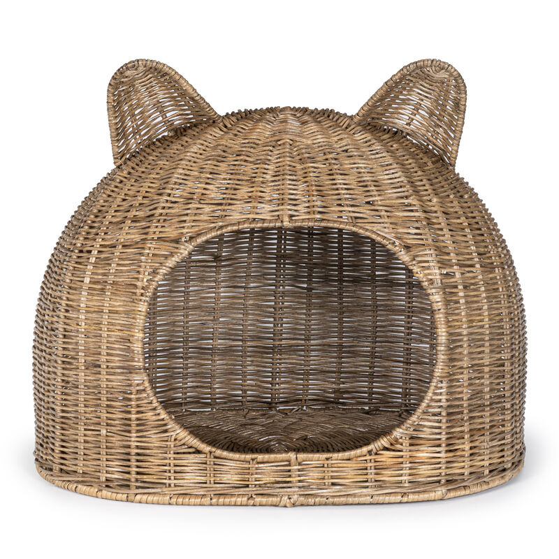 Cat Ear Coastal Handwoven Rattan Cat Bed with Machine-Washable Cushion