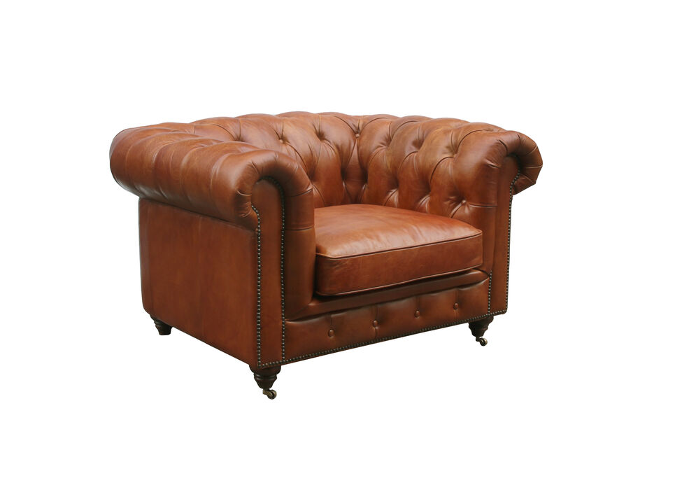 Pasargad Home Paris Club Chester Bay Genuine Leather Tufted Club Chair, Brown