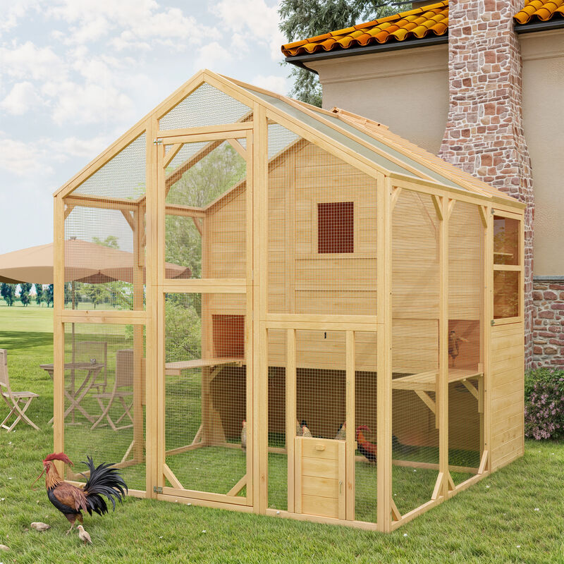 FUFU&GAGA Wood Convertible Chicken Coop & Rabbit Hutch with Triangular Top, Outdoor Mesh Design, and Weather-Resistant Features, (72.6" L x 66.5" W x 74.1" H), Yellow