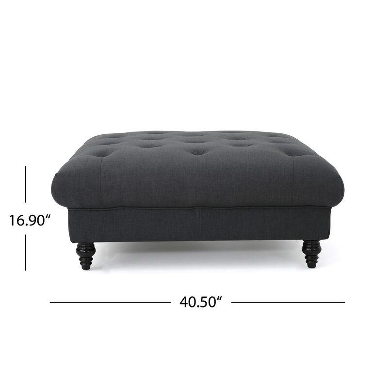 Capri Ottoman, Tufted Dark Gray Fabric, Birch Wood, Square 41 Inch -Benzara