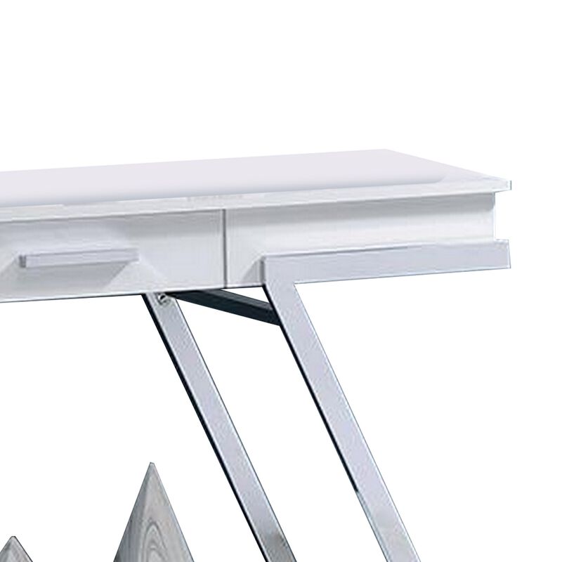 Tius 48 Inch Sofa Table, Open Shelf, Chrome Frame, High Gloss White Finish - Benzara