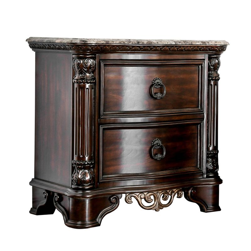Transitional Wood Nightstand With Genuine Marble Top, Brown-Benzara