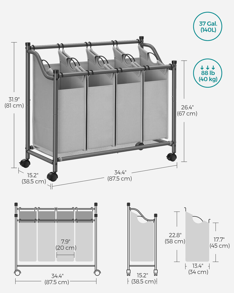 Rolling Laundry Basket with 4 Removable Bags