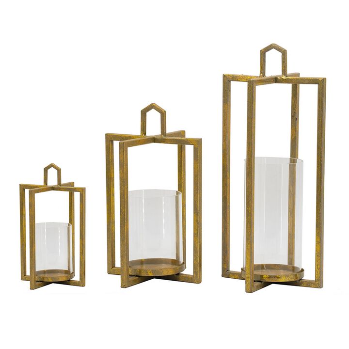 19, 15, 11 Inch Lanterns, Set of 3, Tea Light Glass Holders, Modern, Gold - Benzara
