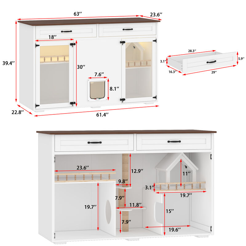 FUFU&GAGA White Cat Cabinet with Metal Lock, Cat Hole, Metal Hinges, Cable Management, Raised Feet & Metal Slide, (63" x 23.6" x 39.4"),White