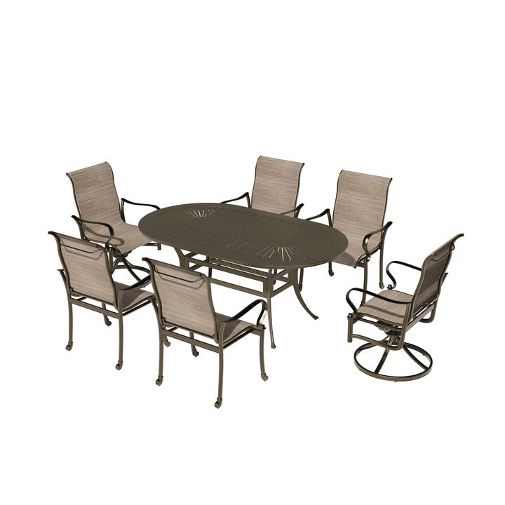 Mondawe 7 Pieces Cast Aluminum Outdoor Patio Dining Set with 2 Swivel Chair & 4 Armchairs & 1 Oval Table