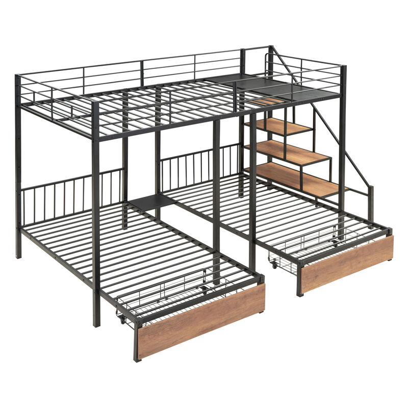 Full Over Twin-Twin Triple Bunk Bed With Drawers And Staircase