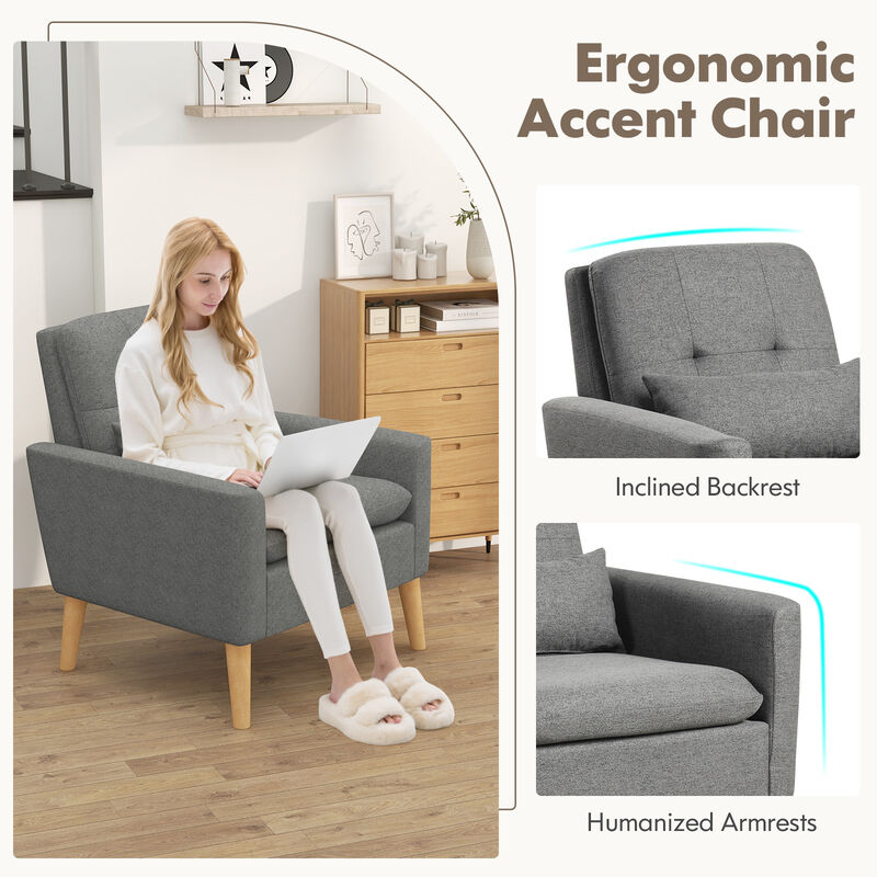 Accent Chair with Lumbar Pillow Natural Rubber Wood Legs Padded Cushions
