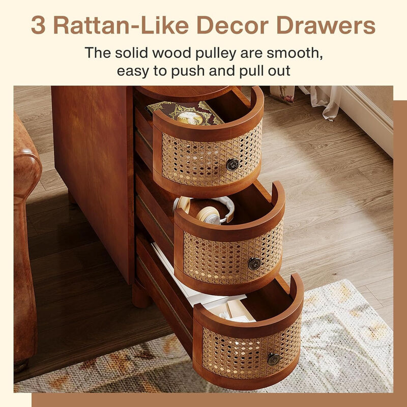 Office Reception Desk, 3-Drawer Rattan End Table, Sofa Side Table with Vintage Embossed Handles, Slim Nightstand for Living Room, Bedroom